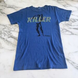 Vintage Aerosol Killer Bodybuilder Sequin Graphic T-Shirt Blue Slim Fit Small